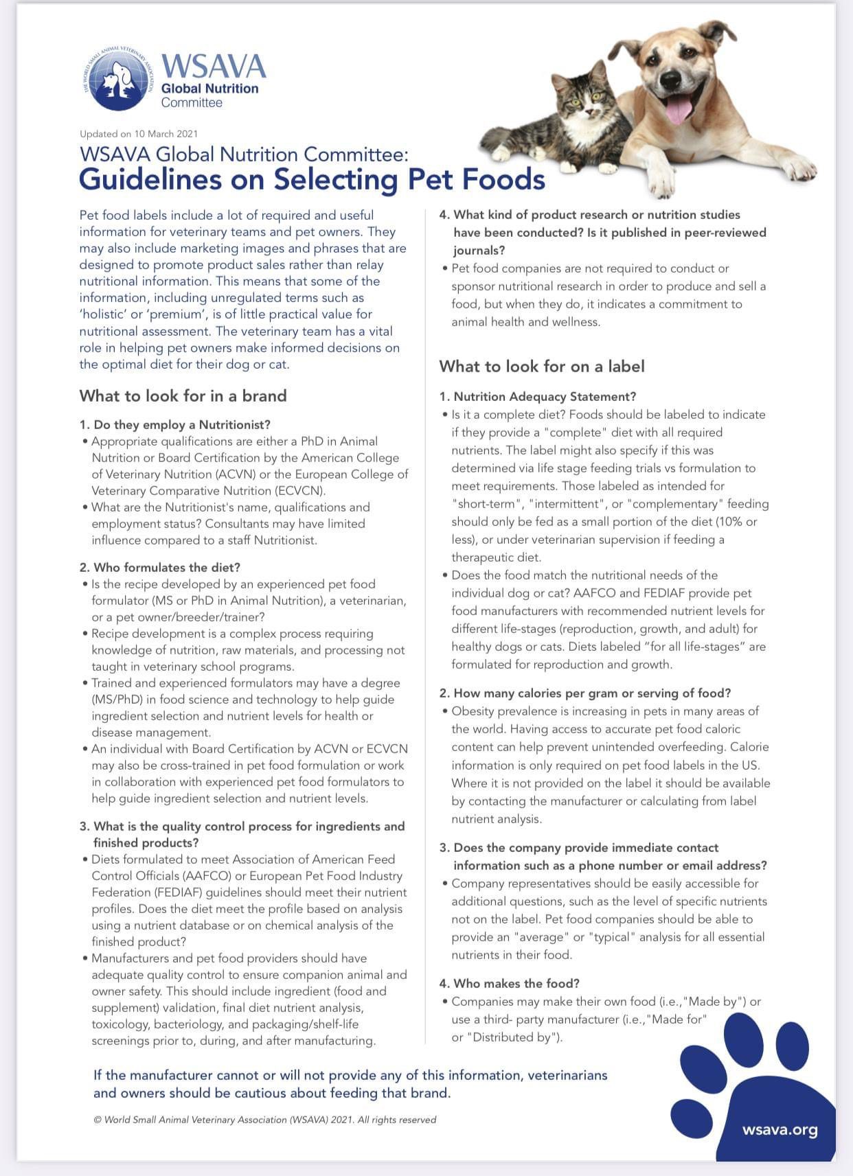 WSAVA Global Nutrition Committee: Guidelines on Selecting Pet Foods