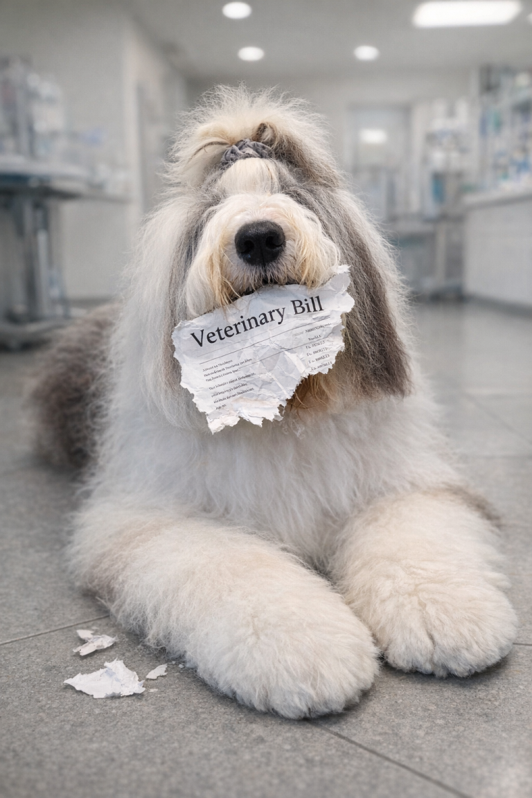 Old English Sheepdog Gentry with shredded veterinary bill (1)